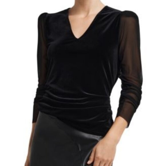 H by Halston Tops - H by Halston Women's Velvet Sheer-Sleeve Faux-Wrap Top NWT